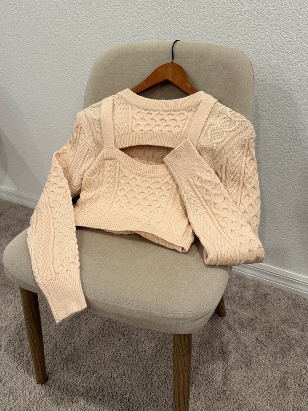 Papaya Cable Knit Cropped Crew Sweater Set in Peach